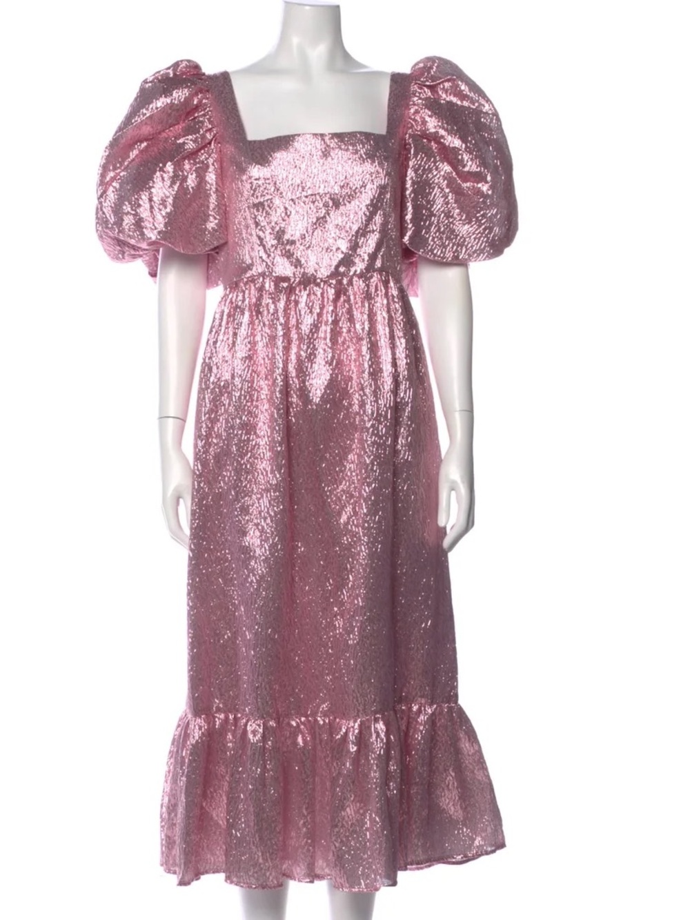 NWT Loeffler Randall Elisa Puff Sleeve Midi Evening Dress Metallic Rose Sz 10